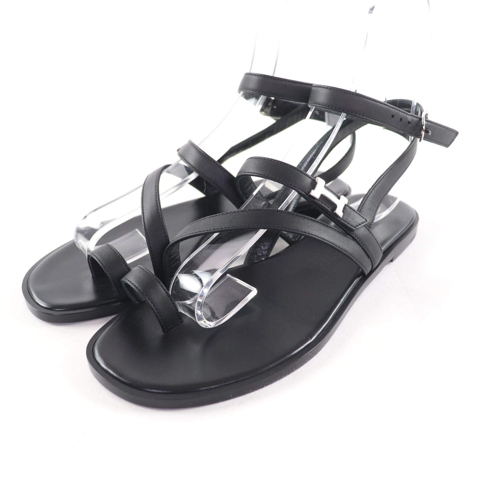 HERMES エルメス シルバー金具 アルモニ H金具 レザー ストラップ サンダル ブラック 36 5 イタリア製 レディース 定価165 000円