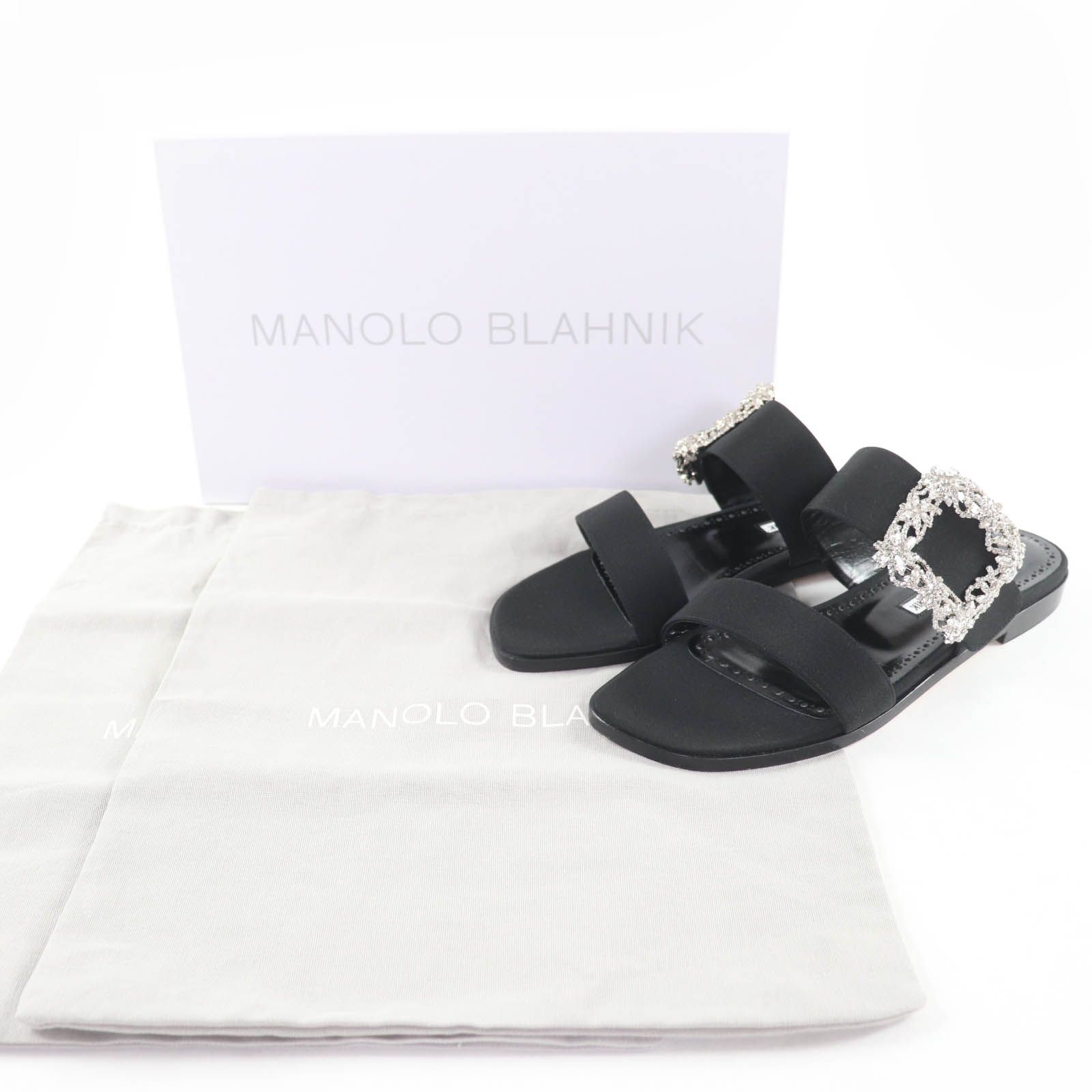 MANOLO BLAHNIK マノロブラニク 665. シルク100％ ビジュー サンダル ブラック 38 箱 保存袋付き イタリア製 レディース
