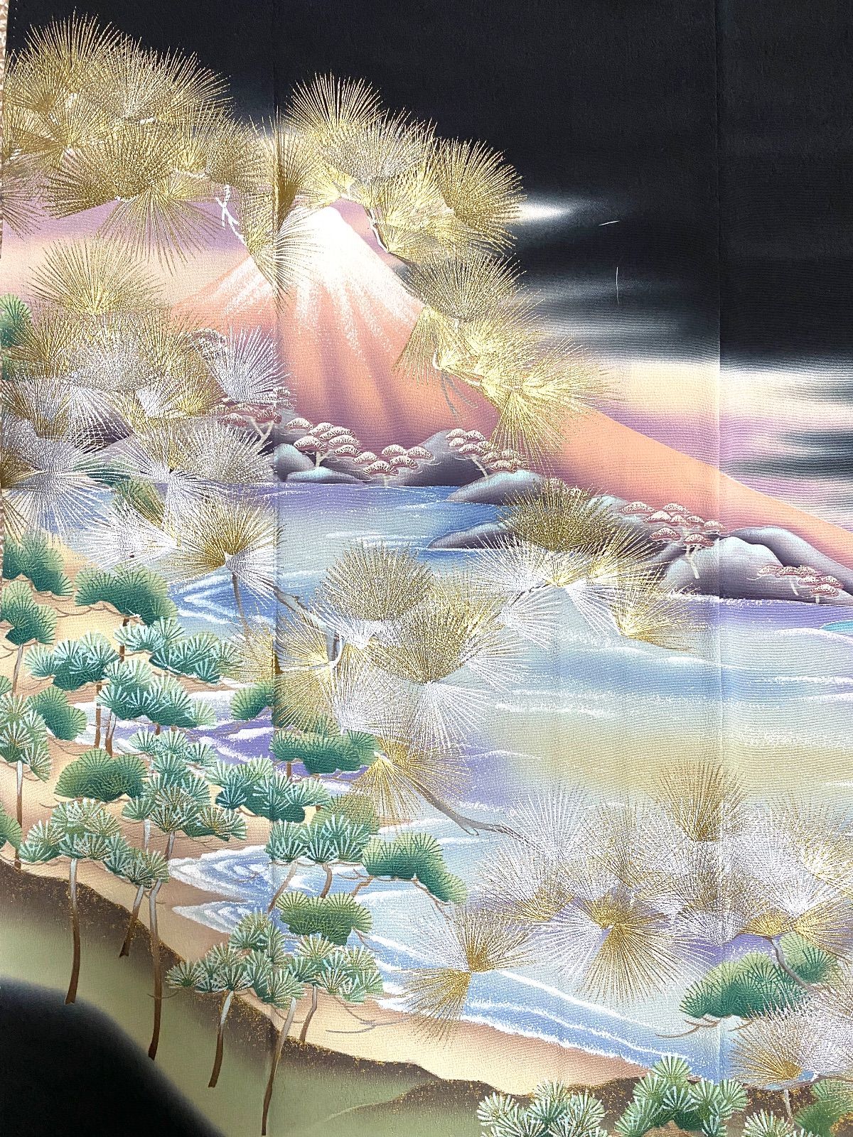  大人 セレブ着物スカートフリーサイズ1点物黒留袖着物リメイクウエストゴムロングスカートフリーサイズ みハンドメイドNO.6025 フレアスカート ロングスカート