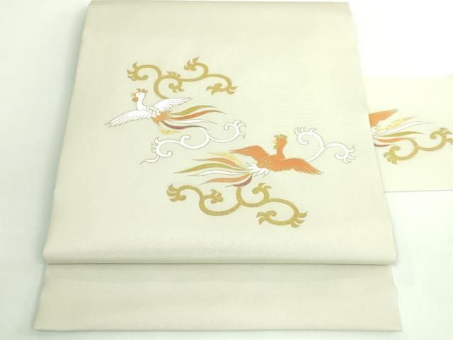 上 銀座 志ま亀 塩瀬 九寸名古屋帯 鳳凰唐草文 金彩 砂色地 たとう紙付き kh 6