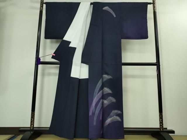 上 金彩友禅 卓越技能者 名工 和田光正 訪問着 波飛沫 鉄紺色地 銀彩 kh 6