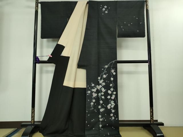 平和屋本店●極上　石川県指定無形文化財　牛首紬　白山工房　手織り　訪問着　手描き　枝桜　黒地　証紙付き　逸品　DZAB2413kh6 平和屋本店○極上 石川県指定無形文化財 牛首紬 白山工房 手織り 訪問