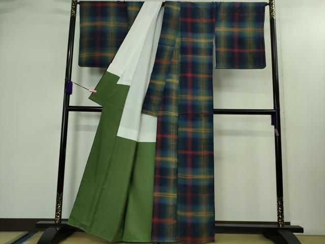  上 郡上紬 草木染 宗広ふきゑ作 変わり格子 反端付き kh 6 紬 着物