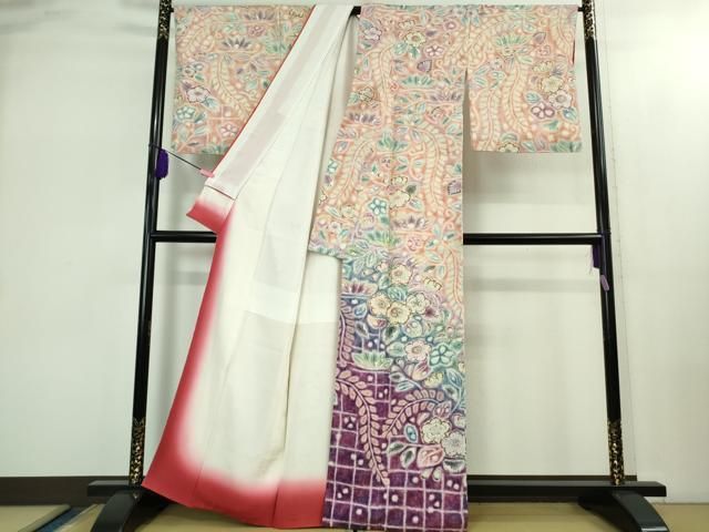 上 十七代京屋林蔵 本場結城紬地 訪問着 辻が花 暈し染め kh 6