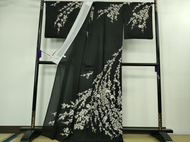 上 夏物 訪問着 絽 枝垂れ桜 雪輪 黒地 kh 6