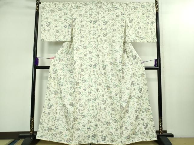 上 岡重謹製 OKAJIMA 小紋 伊と幸 更紗花文 象牙色地 金彩 反端付き kh 6