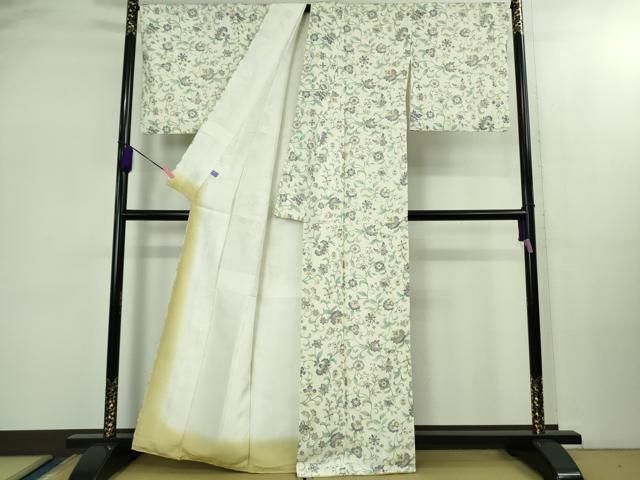  上 岡重謹製 OKAJIMA 小紋 伊と幸 更紗花文 象牙色地 金彩 反端付き kh 6 小紋 着物