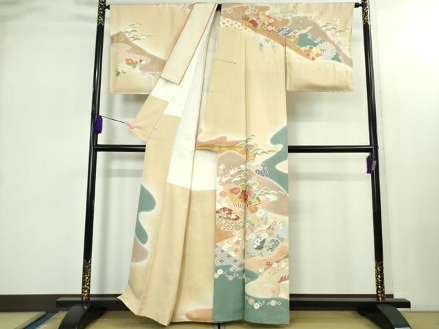 上 創業460年 千總 訪問着 駒刺繍 扇面飛鶴鴛鴦花文 丁子色地 暈し染め 金彩 大丸扱い kh 6