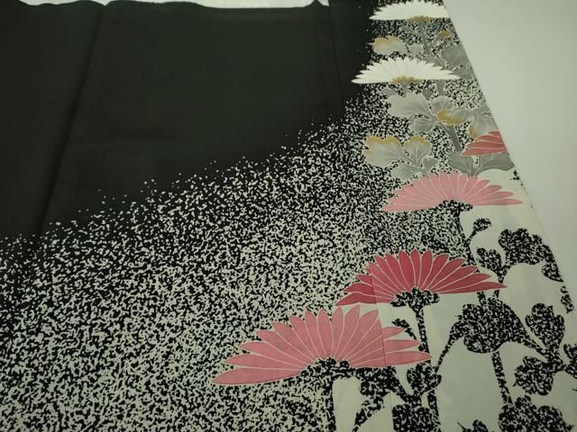  上 人間国宝 森口華弘 蒔糊友禅 蒔糊散らし 黒留袖 刺繍 横菊 金糸 三越扱い kh 6 黒留袖 着物