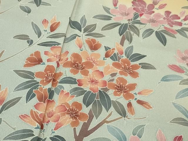  上 十日町 加賀草木友禅の第一人者 田村哲彦 訪問着 つつじ 丁子色地 kh 6 訪問着 付け下げ 着物