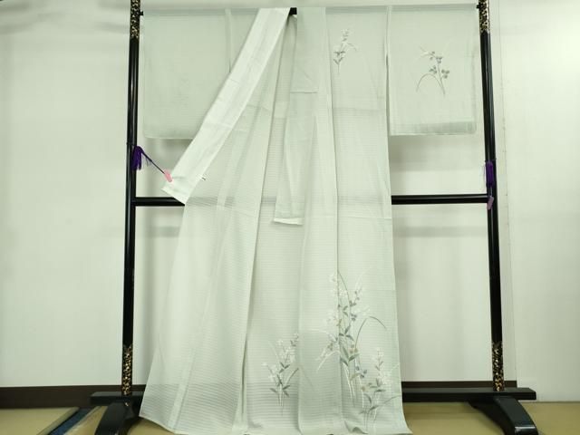 上 夏物 訪問着 変わり絽 枝花文 千草鼠色地 kh 6