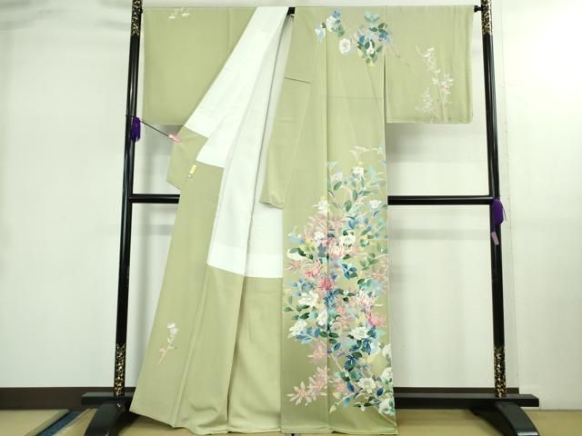 上 本加賀友禅作家 宮野勇造 訪問着 菊に山菜花 若芽色地 上代138万 反端 紙 kh 6