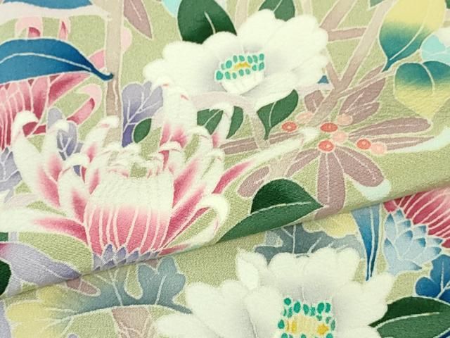 平和屋本店○極上 本加賀友禅作家 宮野勇造 訪問着 菊に山菜花 若芽色
