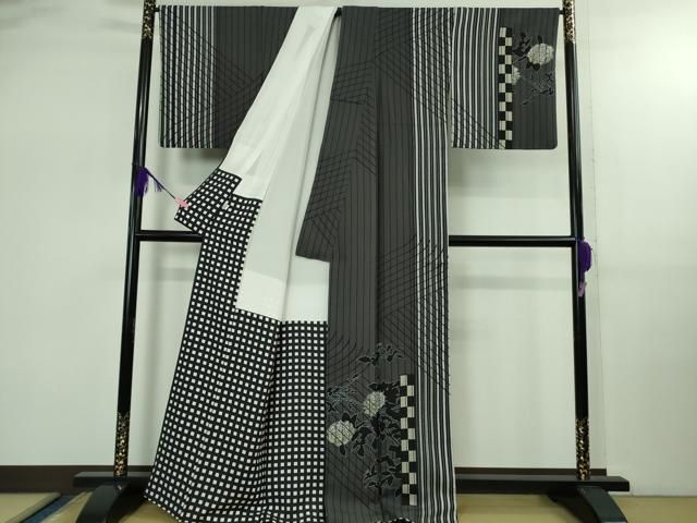 上 キモノデザイナー 斉藤上太郎 訪問着 お召地 薔薇 幾何学間道 kh 6