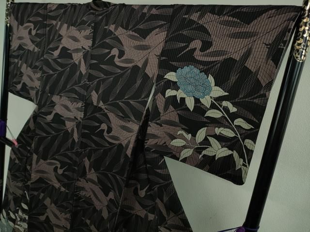 平和屋本店○極上 染色作家 斉藤三才 訪問着 飛鶴枝花文 黒地 逸品