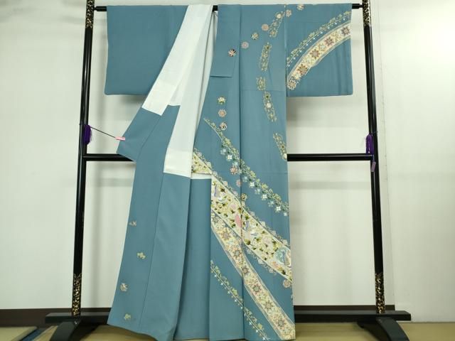 上 本加賀友禅作家 松井眞夫 訪問着 花唐草鳥文 薄縹色地 kh 6