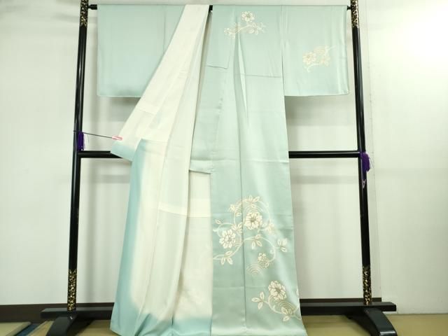 上 訪問着 駒刺繍 花唐草文 白藍色地 金彩 kh 6