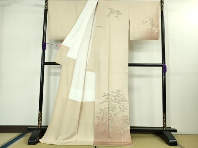 上 訪問着 総刺繍 笹竹文 鳥の子色地 暈し染め 金糸 ロング丈 kh 6