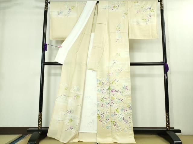 上 訪問着 単衣 駒刺繍 枝花文 鳥の子色地 金彩 kh 6