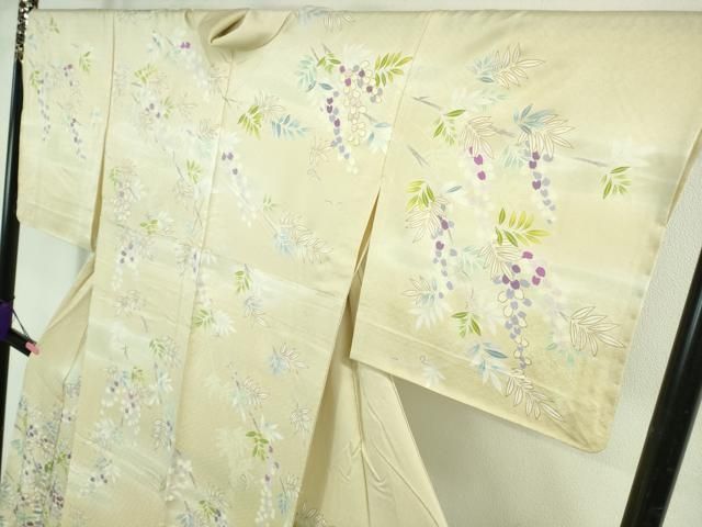  上 訪問着 単衣 駒刺繍 枝花文 鳥の子色地 金彩 kh 6 訪問着 付け下げ 着物