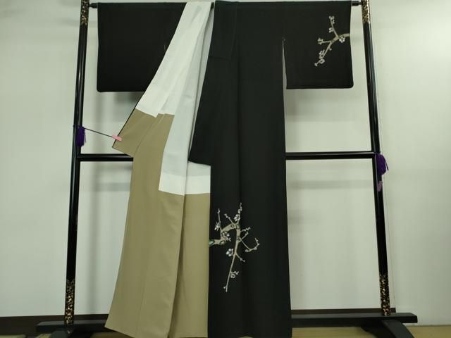 上 本加賀友禅作家 由水煌人 訪問着 ろうけつ染め 枝花文 黒地 kh 6