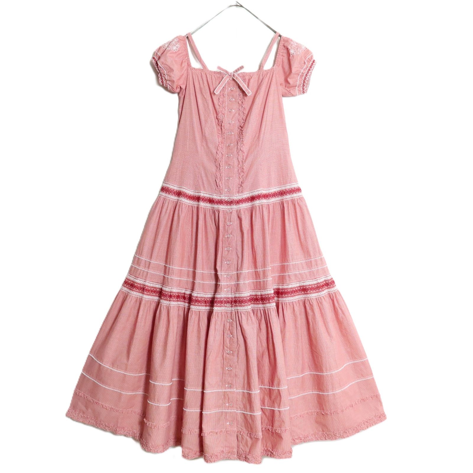 ピンクハウス☆ギンガムチェックワンピース 綿ローン 赤系 前開き 刺繍