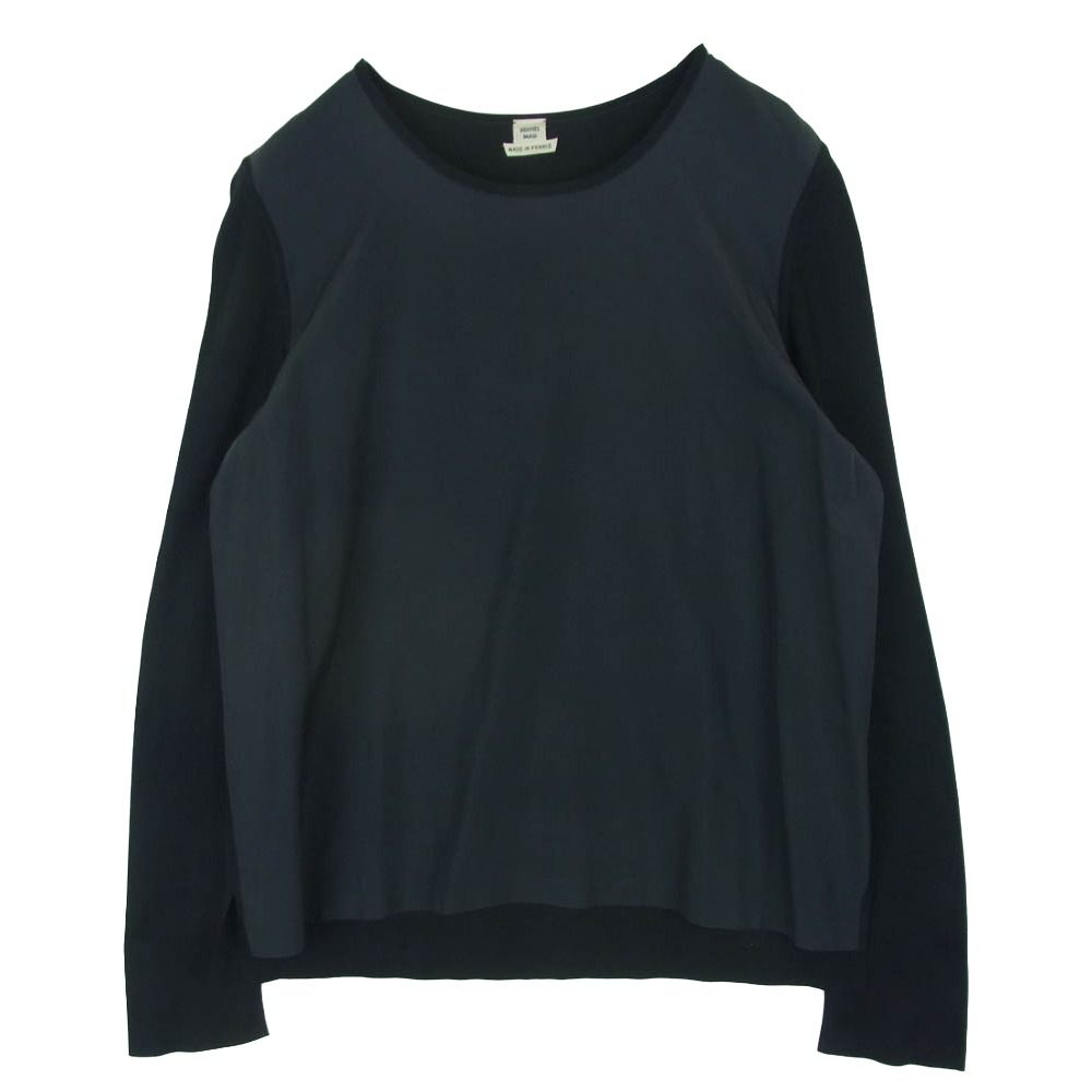 HERMES エルメス シルク フロント切替 ハイゲージ ニット フランス製 ブラック系 ダークグレー系 44