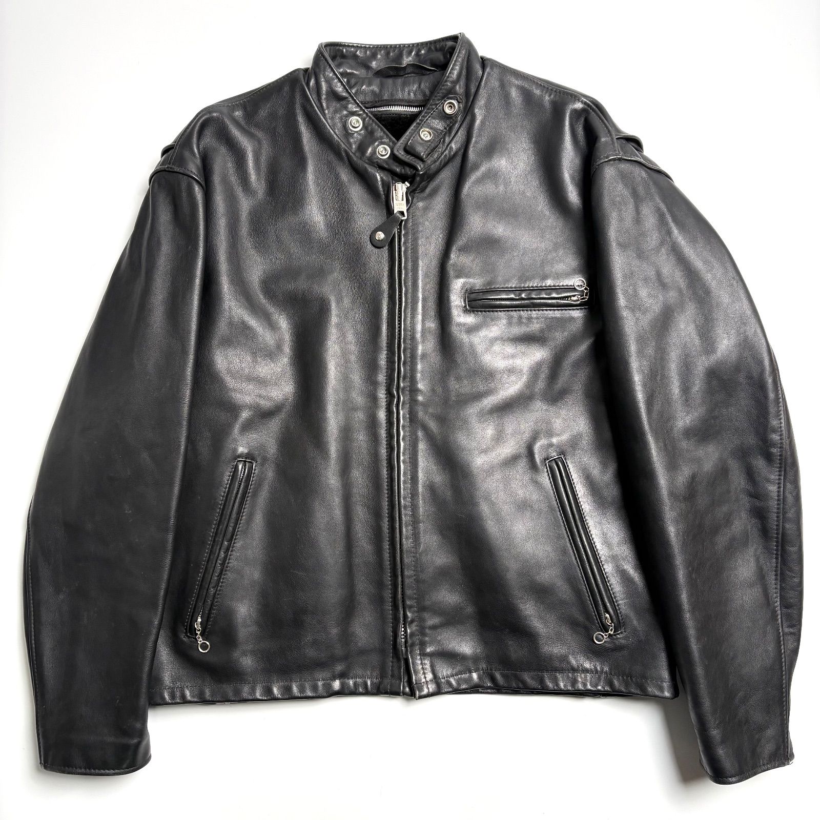 米国製 Schott レザー ライダースジャケット 黒 46 シングル 本革 ボアライナー付 641