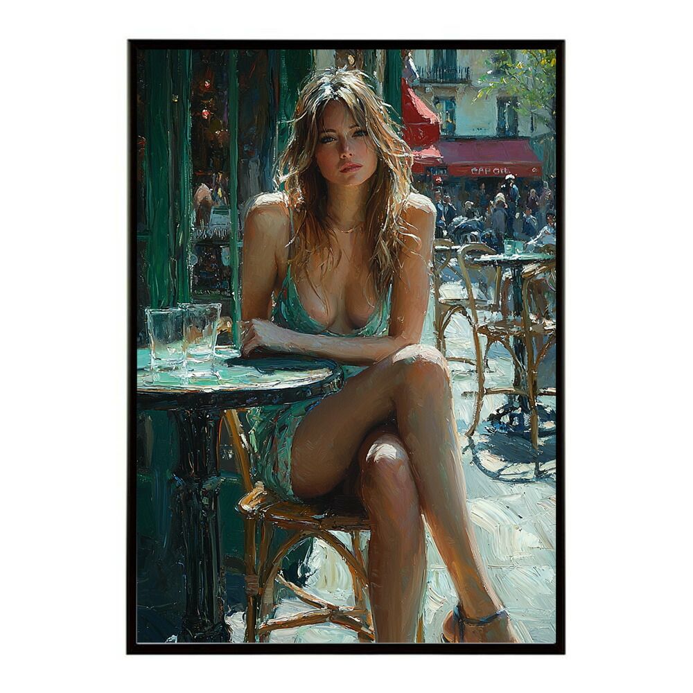 【A1サイズ（約59x84cm）】【lm-poster-2870】【フレーム付き】カフェに沈む午後 美女 絵画 画 油絵 ハンドメイド タッチ 手書き イラスト 街角 風景 カフェ ポスター イラスト