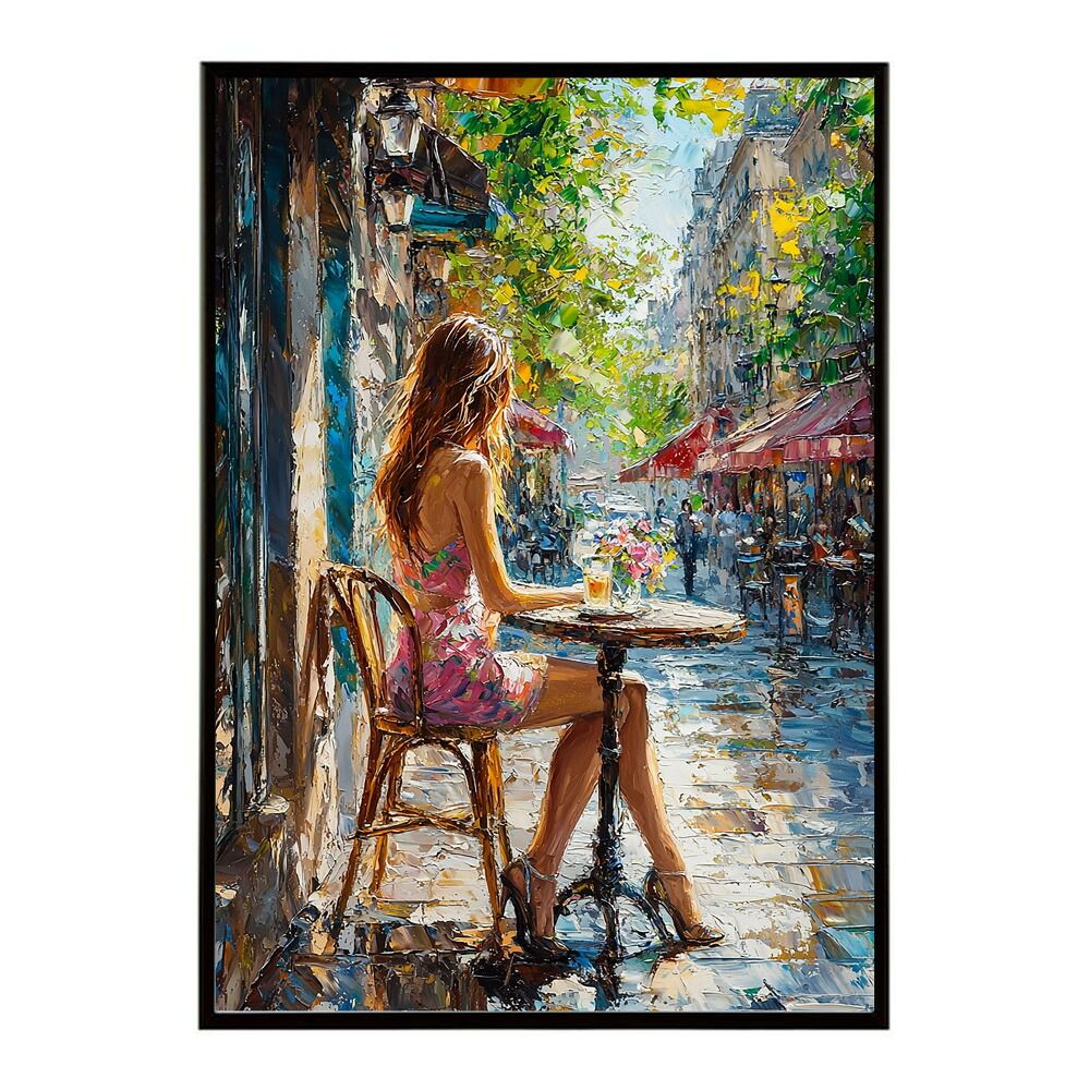 【A3サイズ（約30×42cm）】【lm-poster-2872】【フレーム付き】カフェに沈む午後 美女 絵画 画 油絵 ハンドメイド タッチ 手書き イラスト 街角 風景 カフェ ポスター イラスト