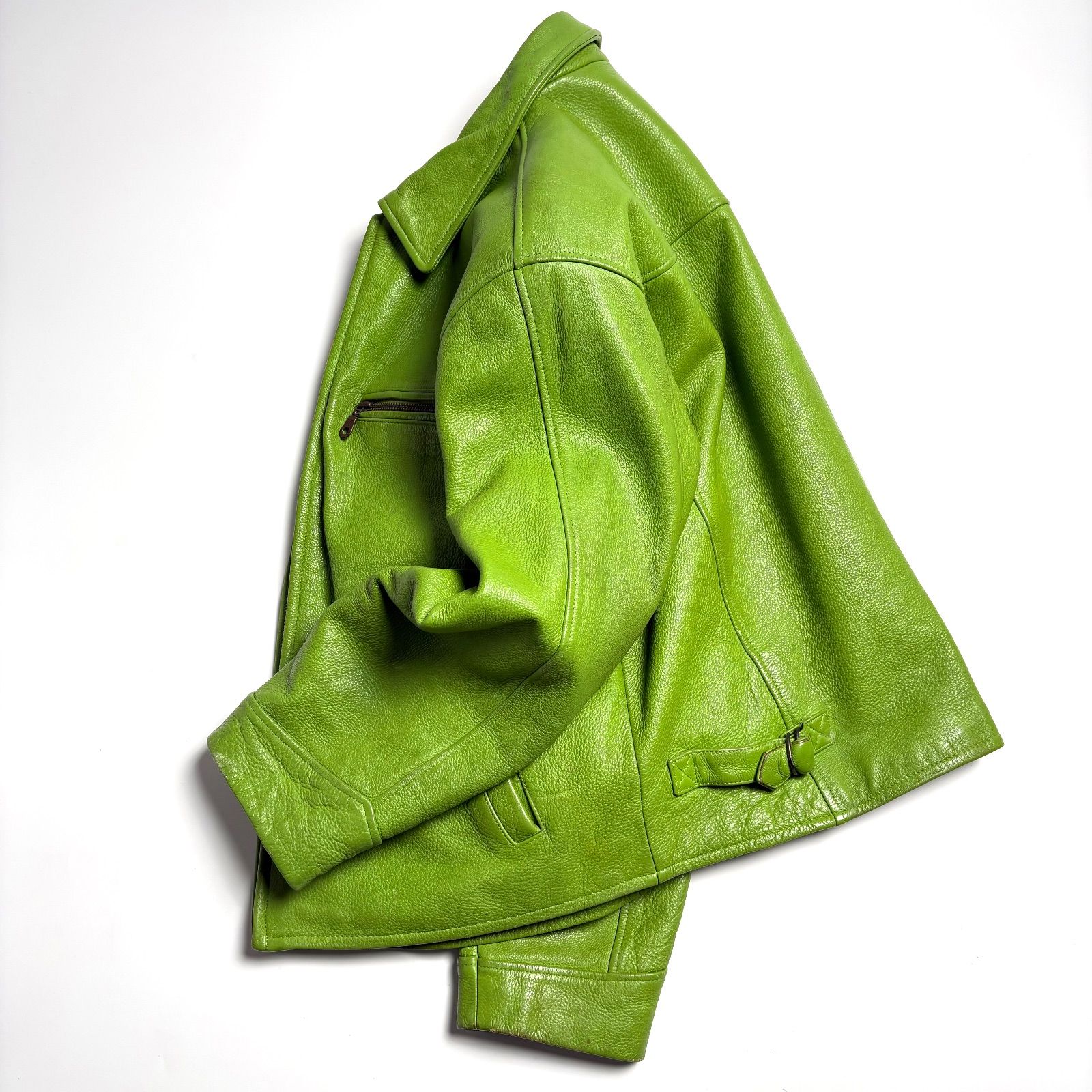 本革】Marcia レザー ライダースジャケット 緑 2XL シングル 襟付き