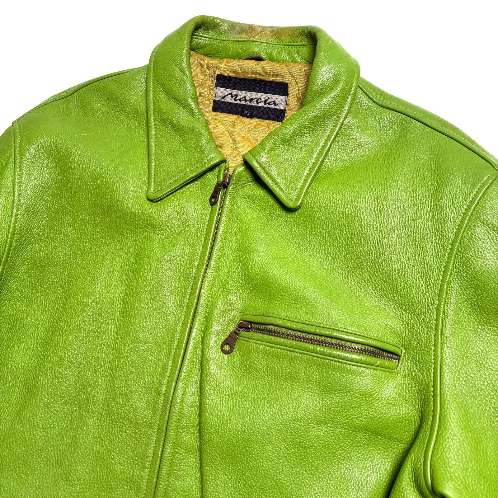 本革】Marcia レザー ライダースジャケット 緑 2XL シングル 襟付き