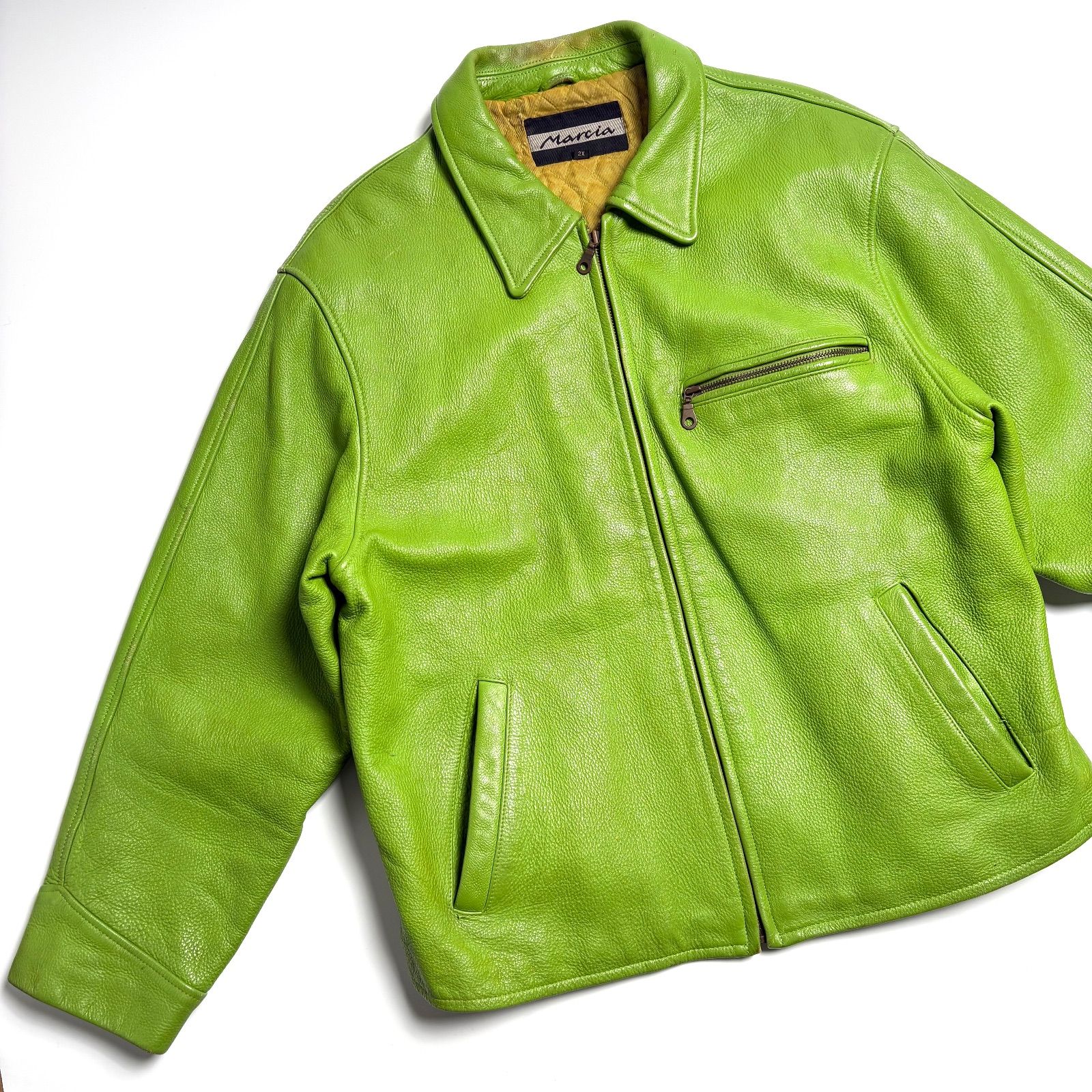 本革】Marcia レザー ライダースジャケット 緑 2XL シングル 襟付き