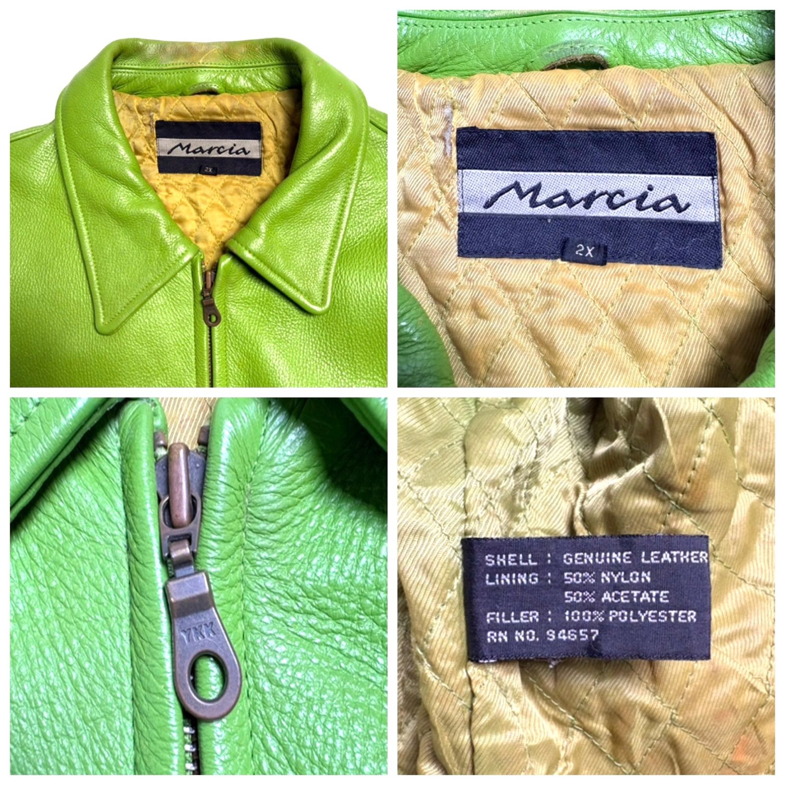 本革】Marcia レザー ライダースジャケット 緑 2XL シングル 襟付き