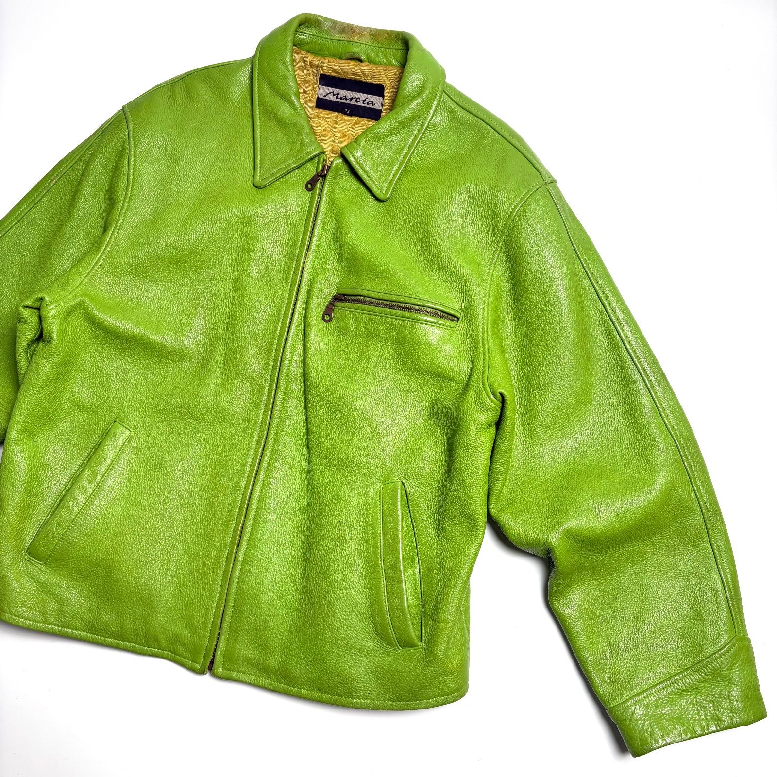 本革】Marcia レザー ライダースジャケット 緑 2XL シングル 襟付き