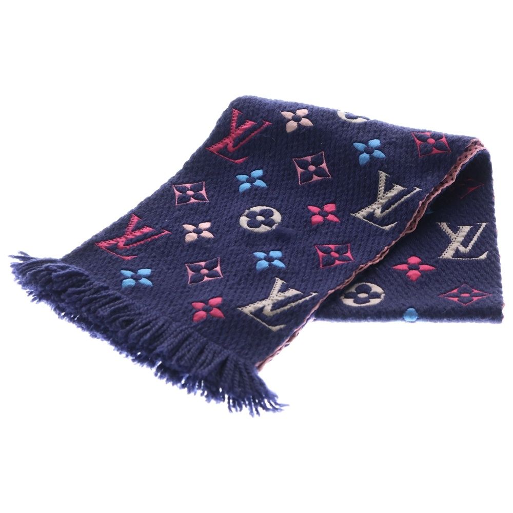 LOUIS VUITTON ルイヴィトン モノグラム エシャルプ ロゴマニア レインボー フリンジ付シルク混ウールマフラー ネイビー マルチ M 70899