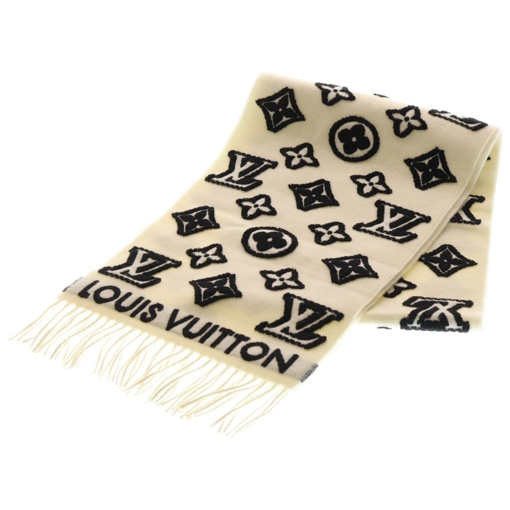 LOUIS VUITTON ルイヴィトン LV 3 D モノグラム シルク混 カシミヤ フリンジ マフラー ホワイト ブラック M 97329