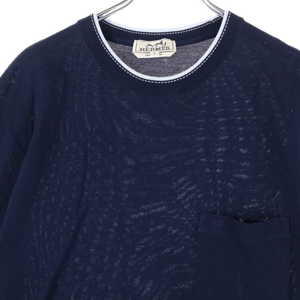 HERMES (エルメス) H刺繍 ポケット付きコットンTシャツ ネイビー