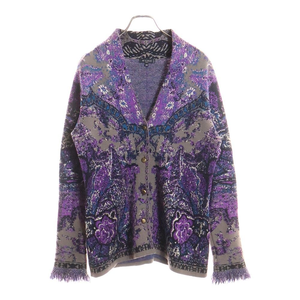 ETRO エトロ リブ カットオフデザイン ウール ニットセーター カーディガン 総柄 パープル 152 18131 9952