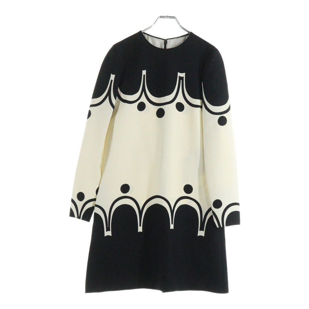 ヴァレンティノ 総柄プリント バイ シルク混 ウール クルーネック 長袖 ミディアム フ ワンピース ドレス ブラック ホワイト レディース