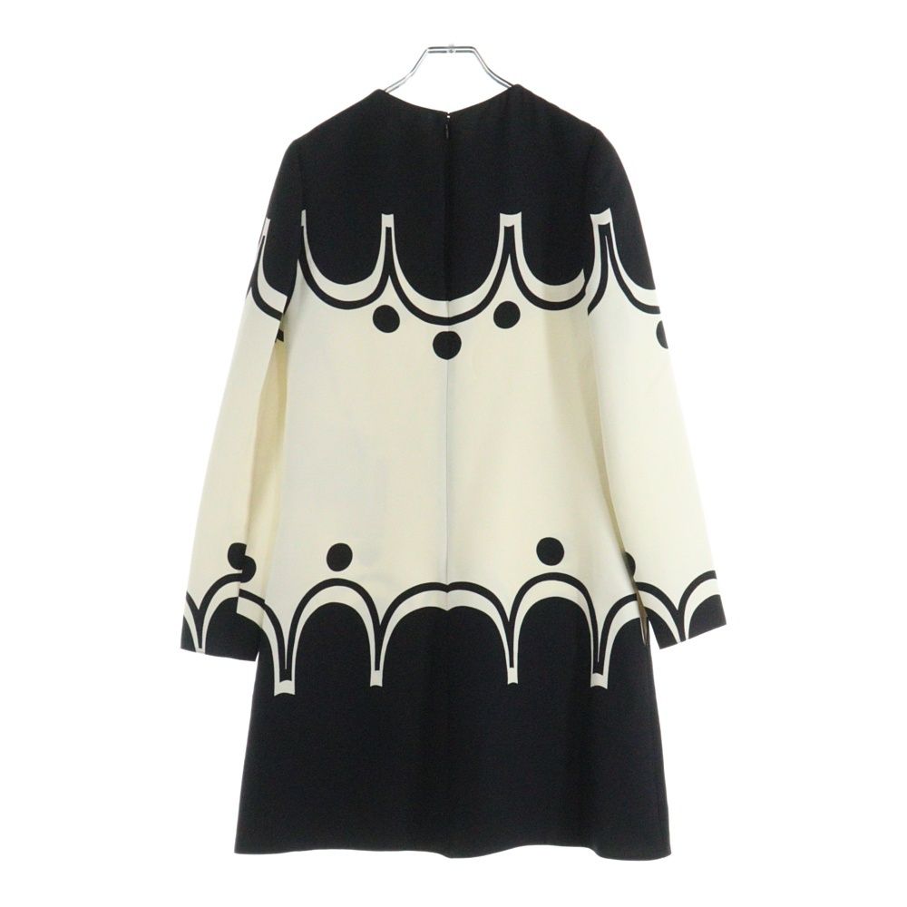 ヴァレンティノ 総柄プリント バイ シルク混 ウール クルーネック 長袖 ミディアム フ ワンピース ドレス ブラック ホワイト レディース