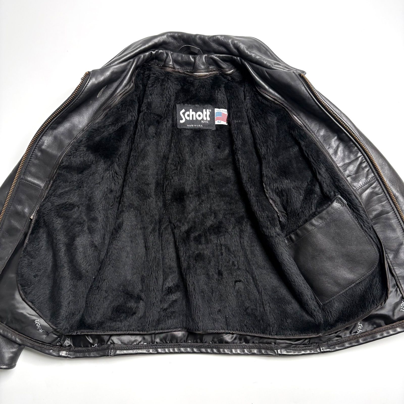 米国製】Schott レザー ライダースジャケット 黒 42 襟付 AT101 本革