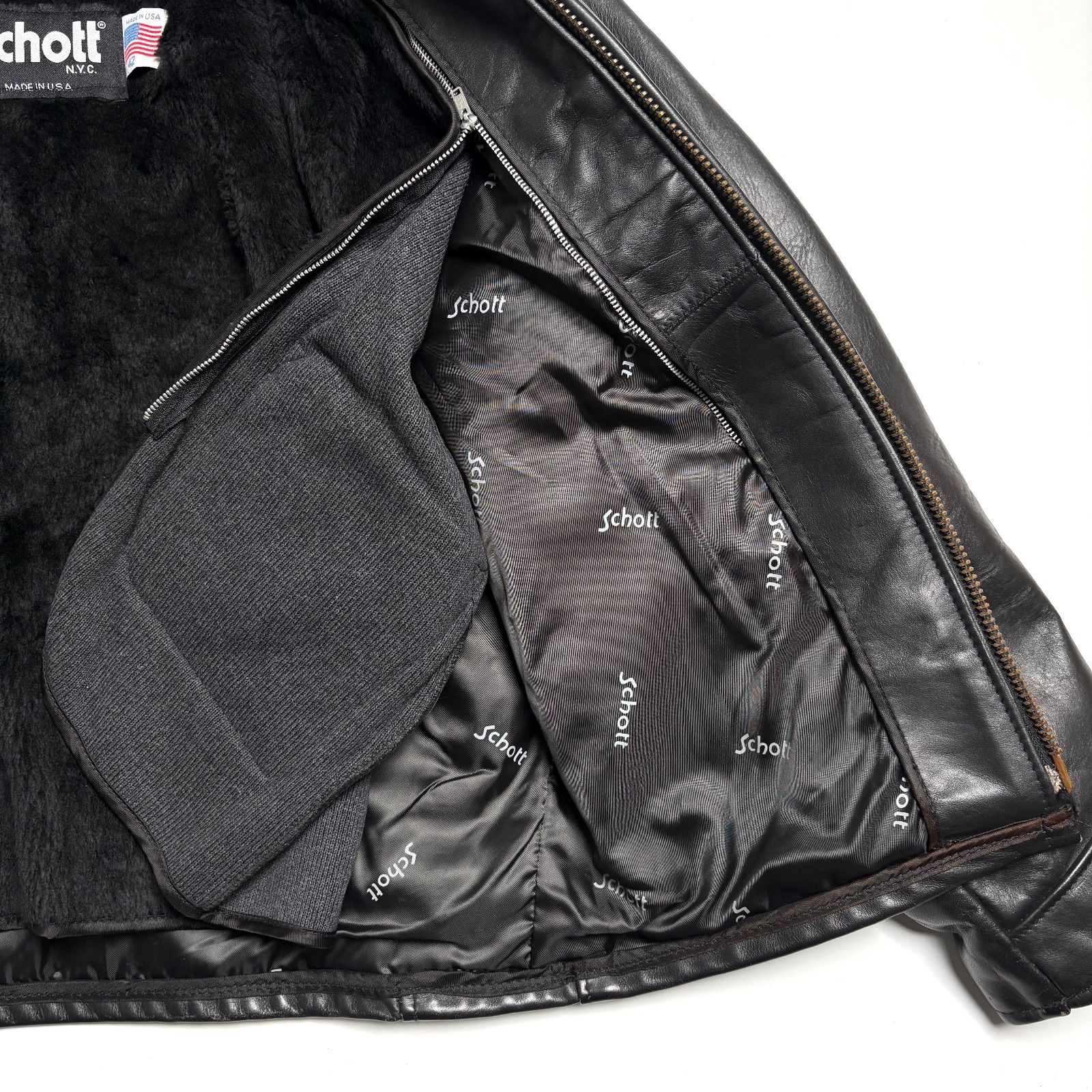 米国製】Schott レザー ライダースジャケット 黒 42 襟付 AT101 本革