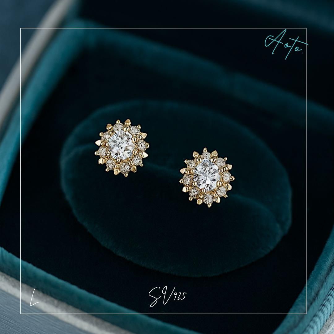 095P∞【エレガント】ピアス　ダイヤ　太陽　CZ　S925　K14コート 095P【エレガント】太陽モチーフ ダイヤピアス CZ S925 K14