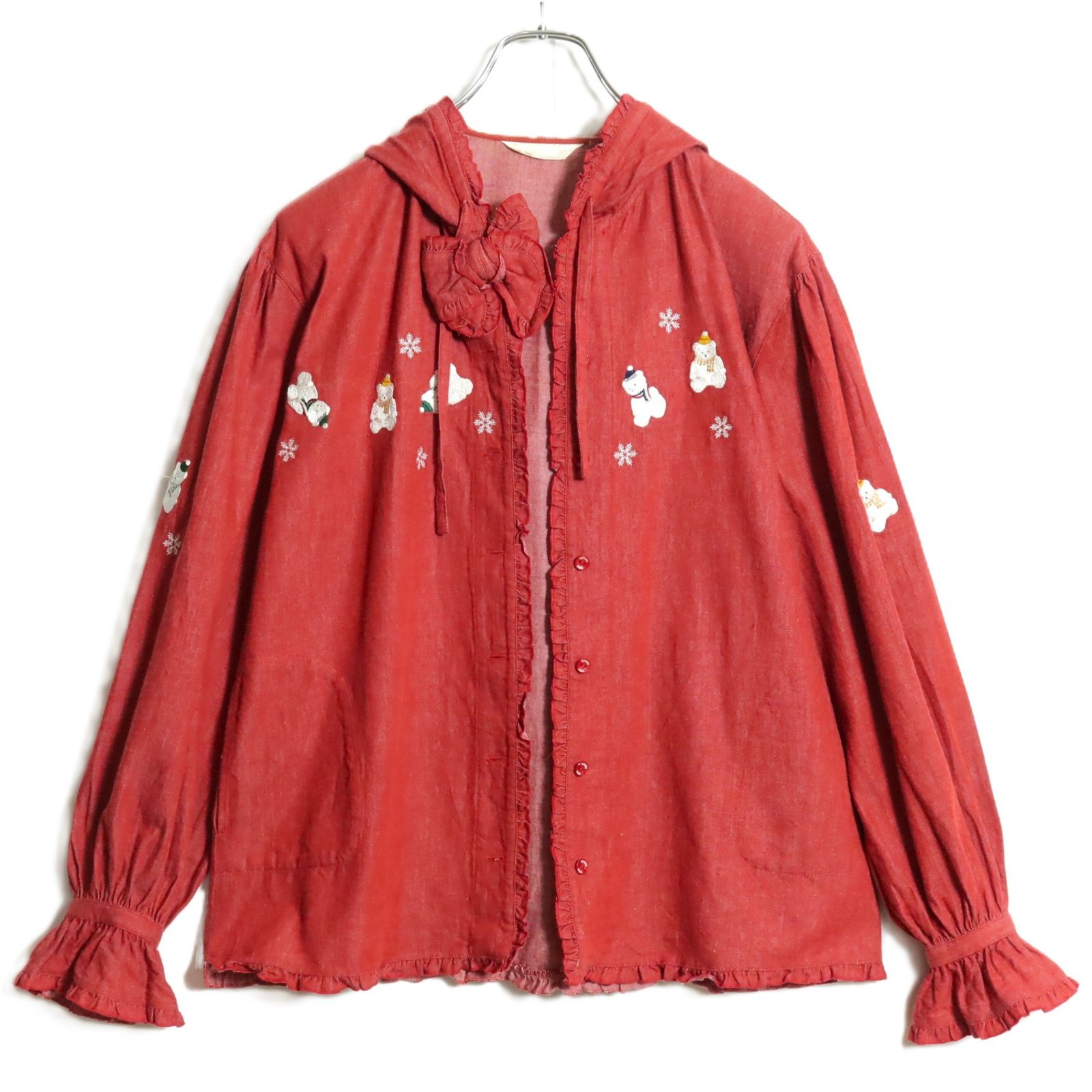 レア商品のため早い者勝ち！✨ピンクハウス フリルたっぷりフード付き長袖ブラウス赤 希少✨早い者勝ち！ピンクハウス フリルたっぷりフード付き長袖ブラウス赤