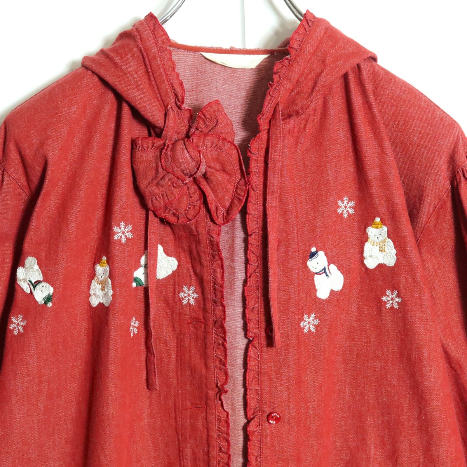 ピンクハウス☆雪だるまくま♪フード付きブラウス 赤系 前開き リボン