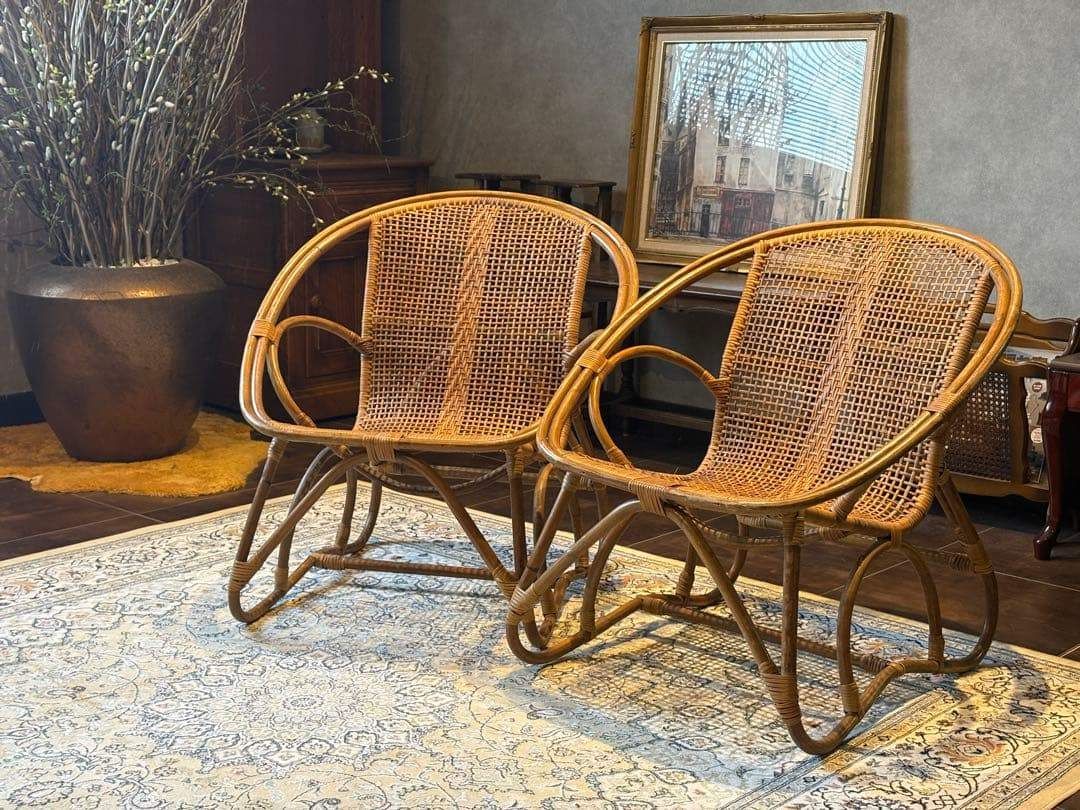 USED/ラタン 籐 ラウンジチェア ナチュラル ローチェア ラタンチェア 籐編み ラウンジチェア 北欧 カンガルーチェア