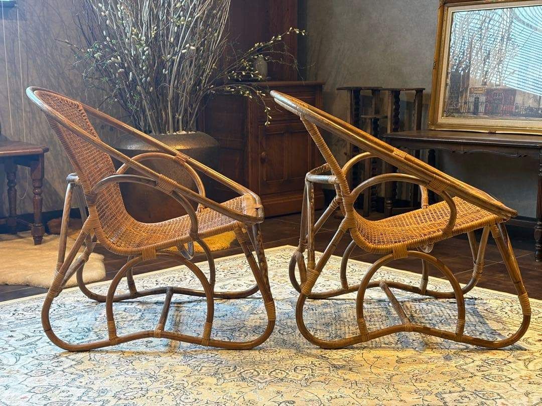 USED/ラタン 籐 ラウンジチェア ナチュラル ローチェア ラタンチェア 籐編み ラウンジチェア 北欧 カンガルーチェア