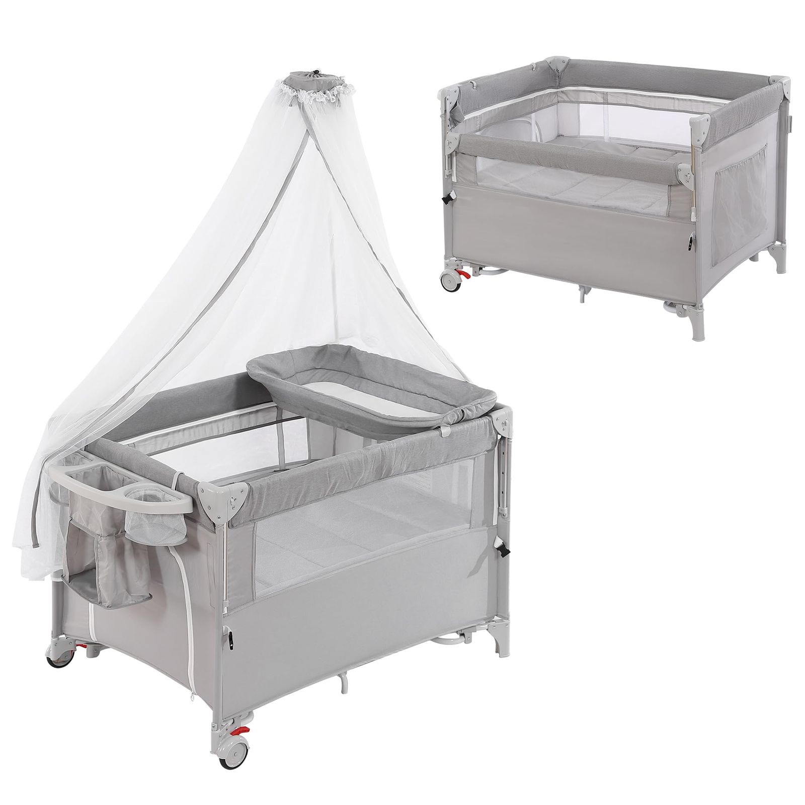 BTM ベビーベッド ベビーサークル 折りたたみ 添い寝ベッド 大容量収納 プレイヤード サイド高さ調整 お昼寝マット キャリーバッグ付 マットレス付 キャスター付き おむつ替えテーブル付 お昼寝 蚊帳付 軽量 出産祝