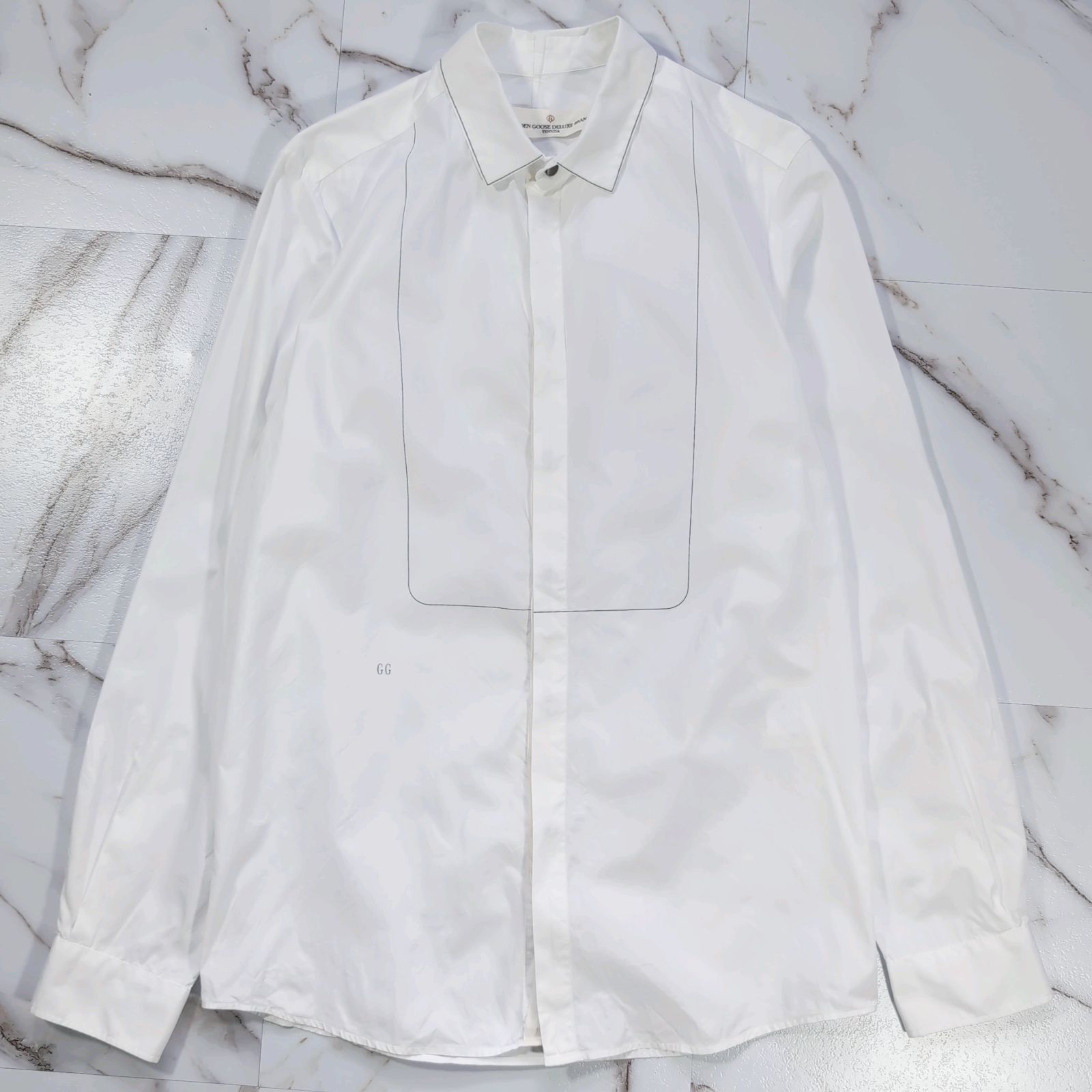 GOLDEN GOOSE DELUXE BRAND Tomorrowland取扱 L Sシャツ ビブシャツ ビブフロント ドレスシャツ ロゴプリント パイピング S 比翼仕立て ホワイト イタリア製
